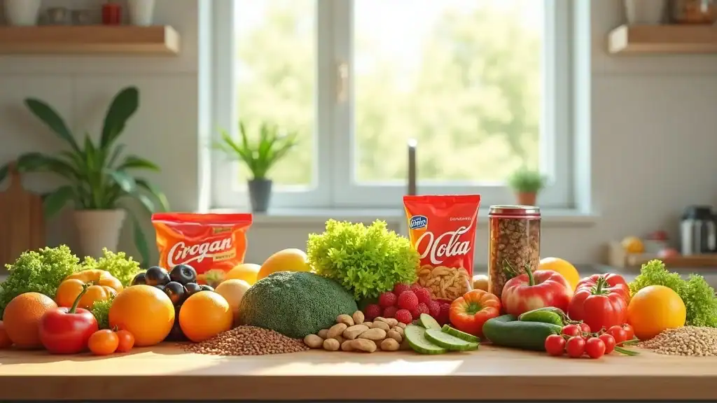 whole foods vs processed foods comparison fruits vegetables grains packaged snacks soda instant noodles arranged side by side on modern kitchen counter