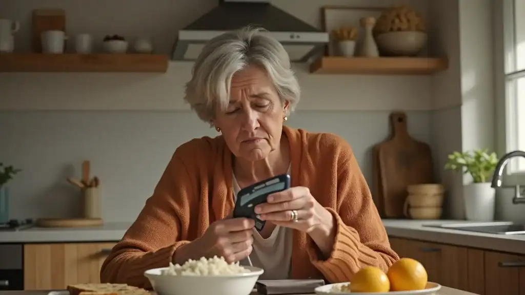 Person concerned about blood sugar spikes from rice, using glucose meter in kitchen