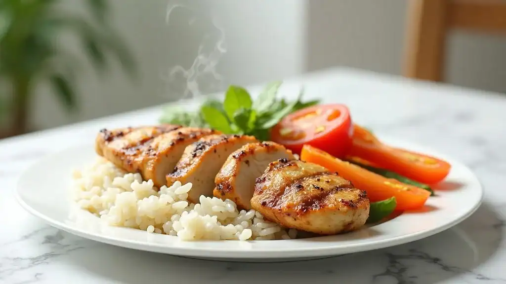 Healthy rice weight loss meal: rice, grilled lean protein, and colorful vegetables on white plate