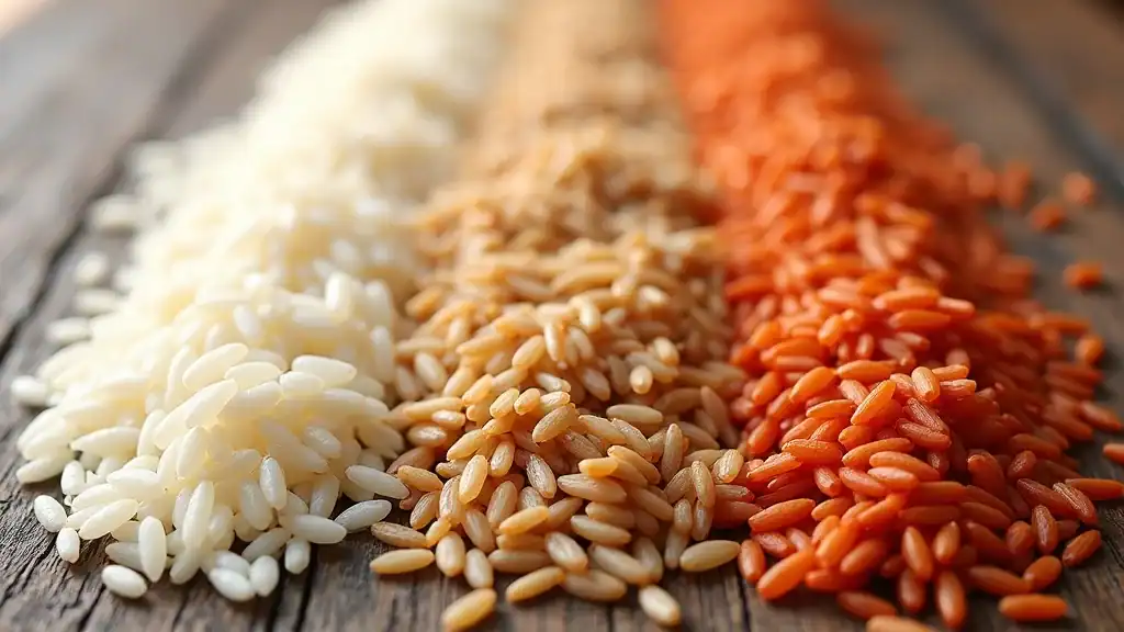 Uncooked white, brown, red, and wild rice grains—types of rice for rice weight loss—in parallel rows on wood table