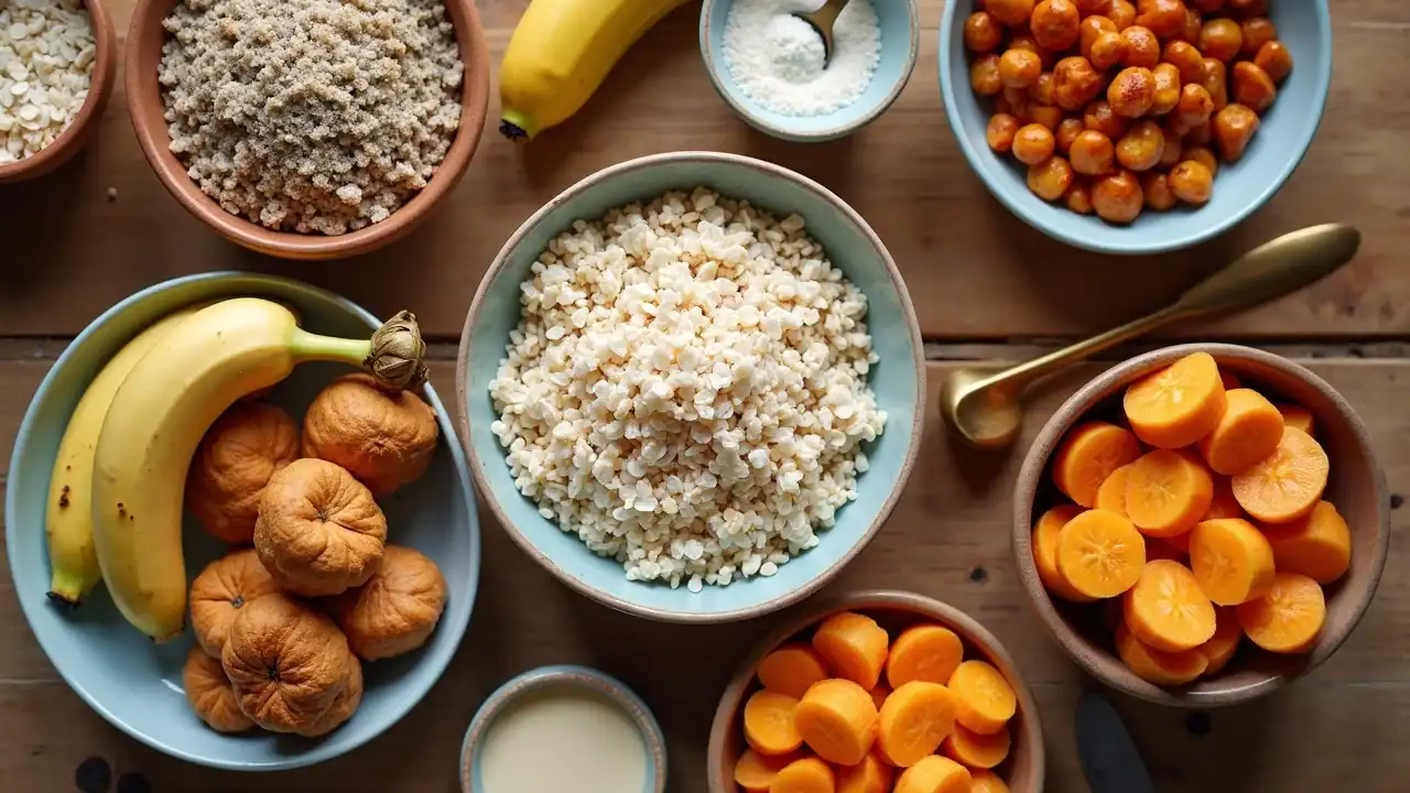 Flat lay of pre-workout carb foods like oatmeal, bananas, white rice, sweet potatoes, and workout gear, photorealistic, clean kitchen.