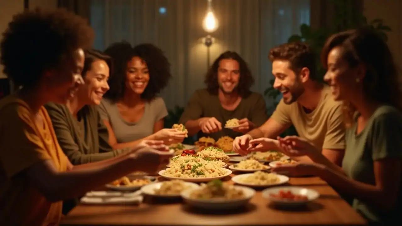 Family sharing rice meal: Types of rice for rice weight loss at center of dinner table in friendly setting