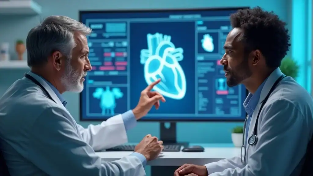 doctor with patient heart diagram modern medical office cardiovascular health risk