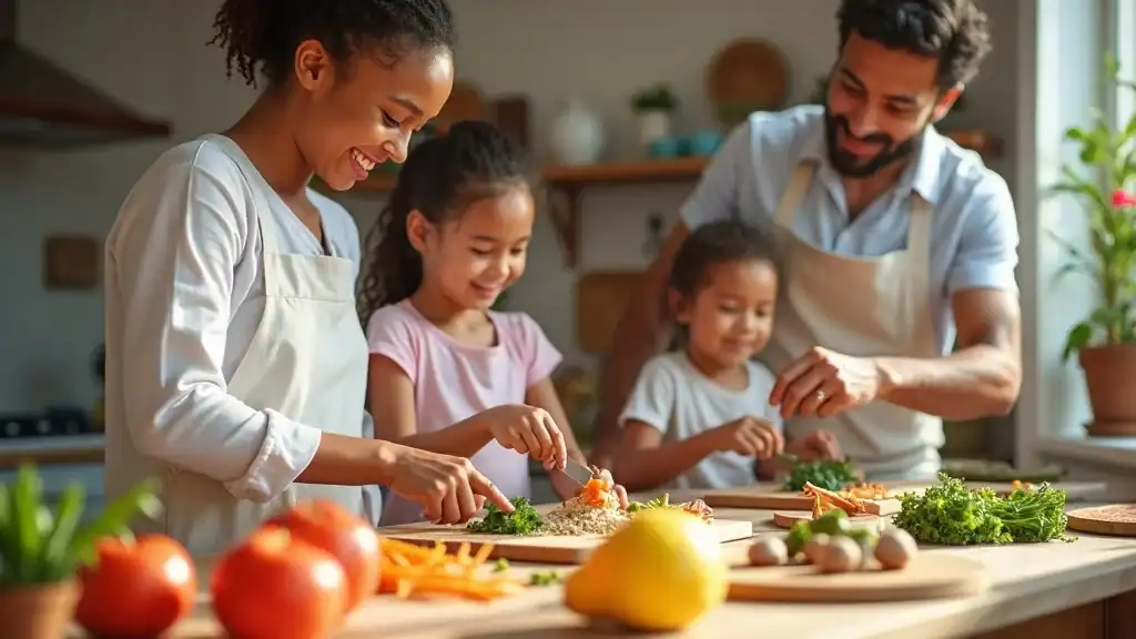 family meal prepping healthy foods whole foods vegetables grains kitchen countertop