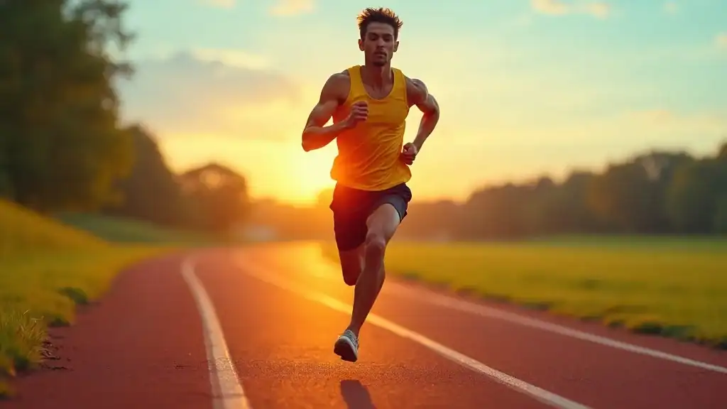 Runner mid-sprint on an outdoor track, sunrise background, motion blur, glycogen energy, photorealistic, vibrant, energetic