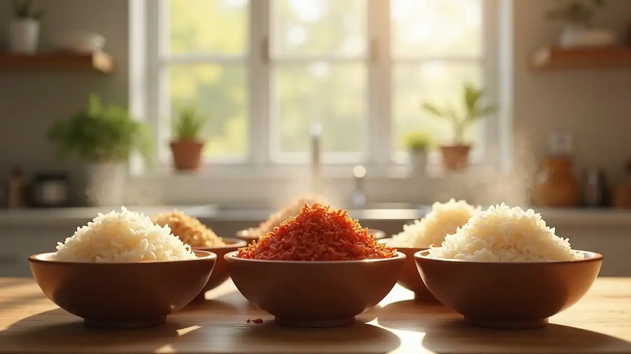 Various types of rice for rice weight loss: white, brown, red, and wild rice in glass bowls on a modern kitchen table