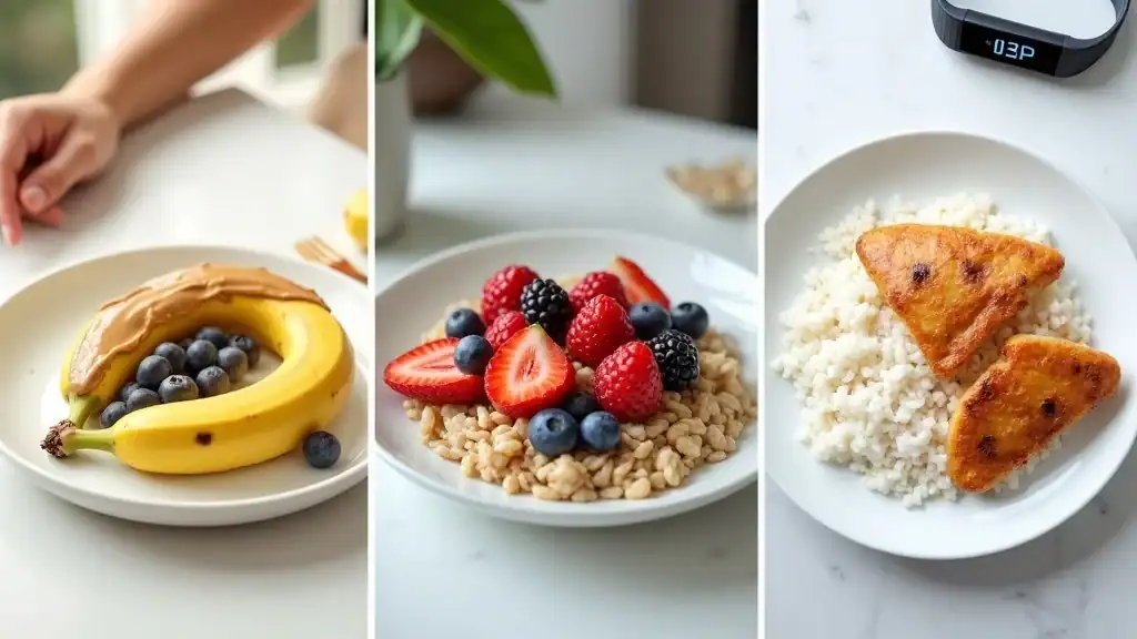 Three sample pre-workout meals: banana with peanut butter, oatmeal with berries, white rice with grilled chicken, photorealistic, fitness tracker nearby.