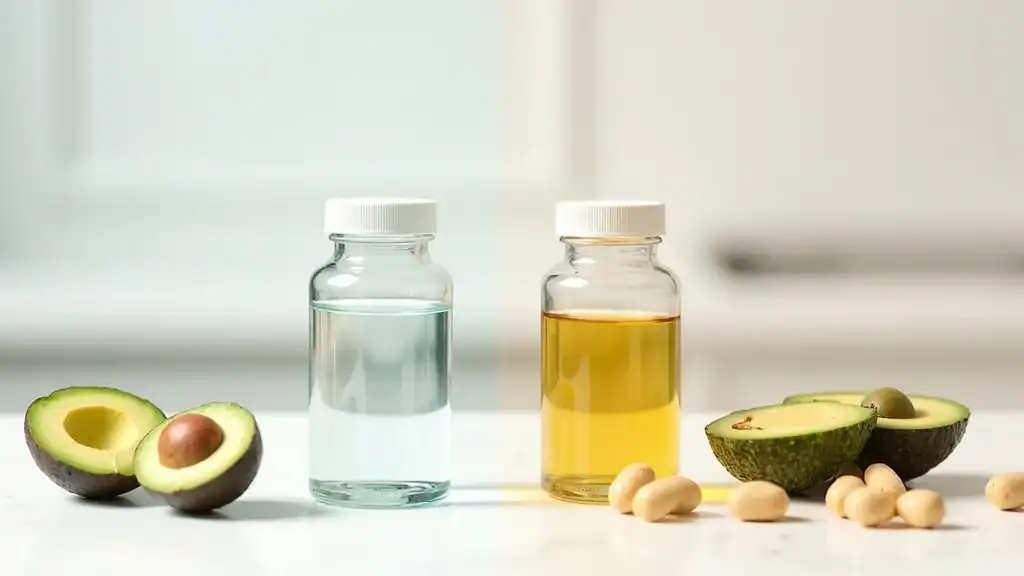 Split-view of water-soluble and fat-soluble vitamins, water vs healthy fats, supplement absorption timing