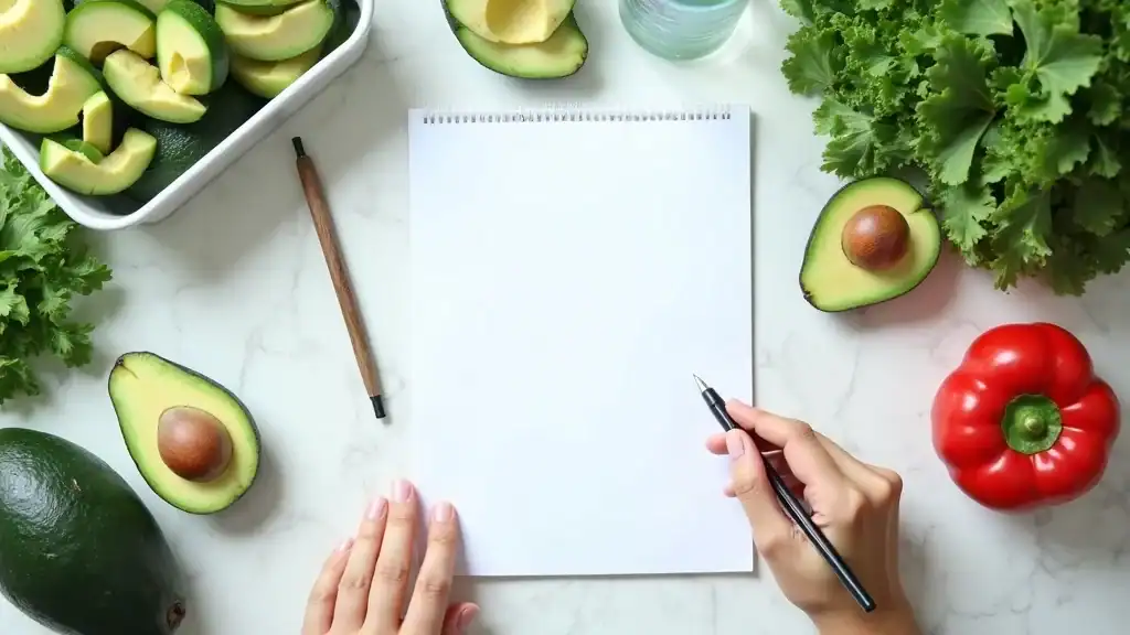 Empty low carb diet sheet template with pen and fresh vegetables for carb meal planning