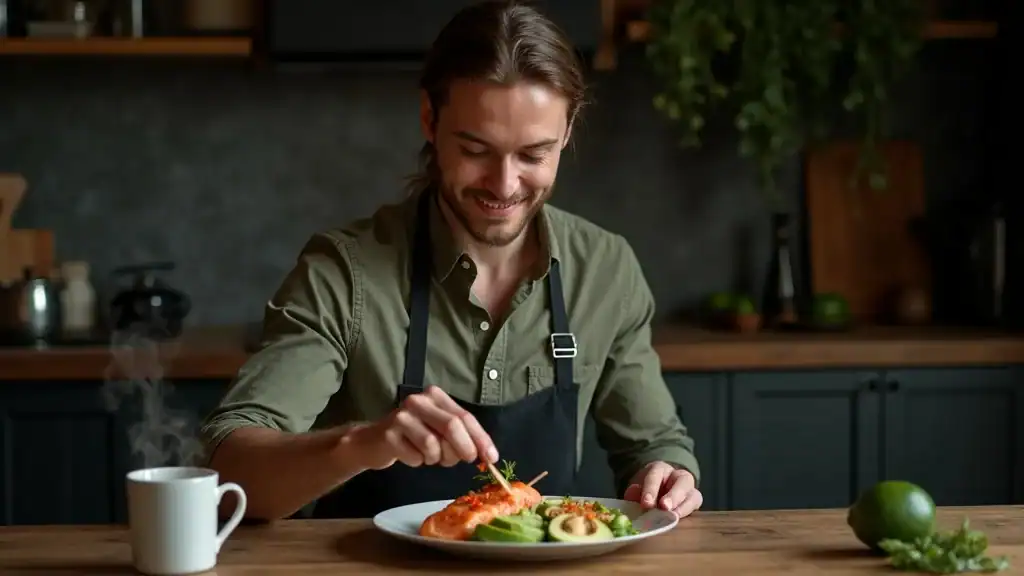 Keto dieter assembling a high-fat, low carb meal with avocado and salmon, using a carb diet sheet as reference