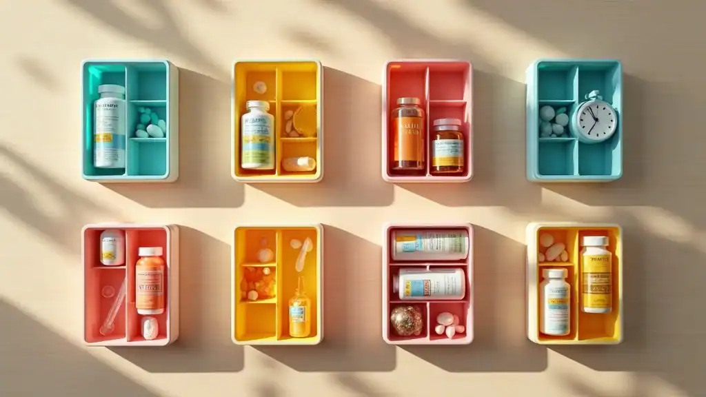 Multivitamin routine, daily supplement organizer, consistency in supplement routine, vitamin supplement timing