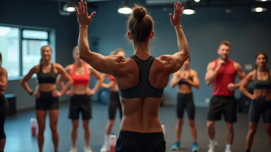 Fitness coach leading HIIT class for fat loss - best fat loss exercise routine