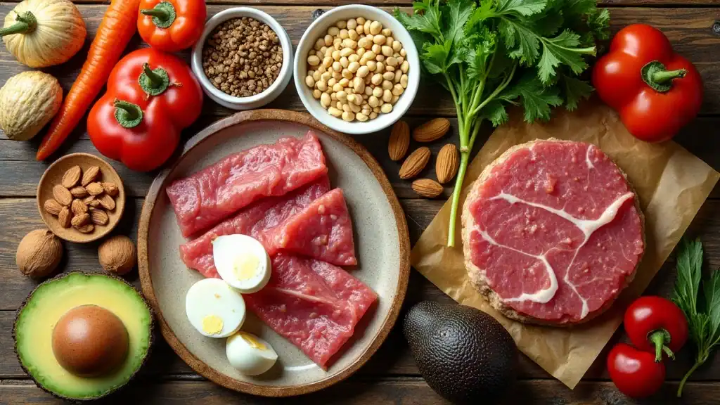Flat lay of common low carb foods including lean meats, eggs, vegetables, nuts, seeds for a low carb diet sheet