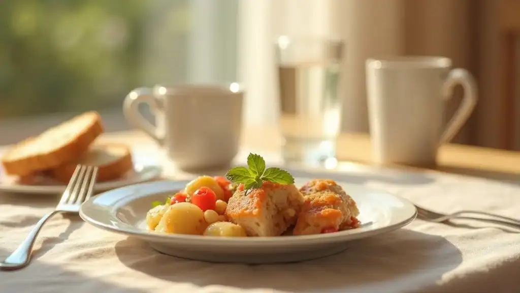 Close-up of a small, properly portioned meal on a plate with fork and water for a bariatric surgery patient at a cozy dining table