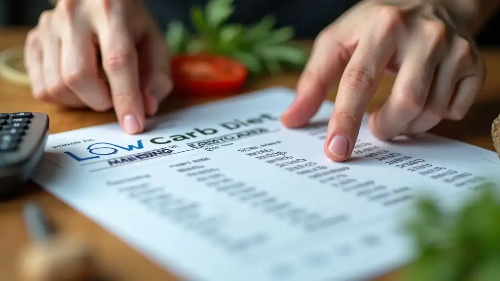Hands pointing at macros and carb values on a printed low carb diet sheet for meal plan guidance