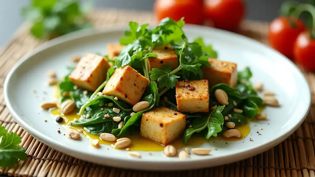 Vegetarian low carb meal with tofu, leafy greens, and vegetables displayed for diet sheet adaptation