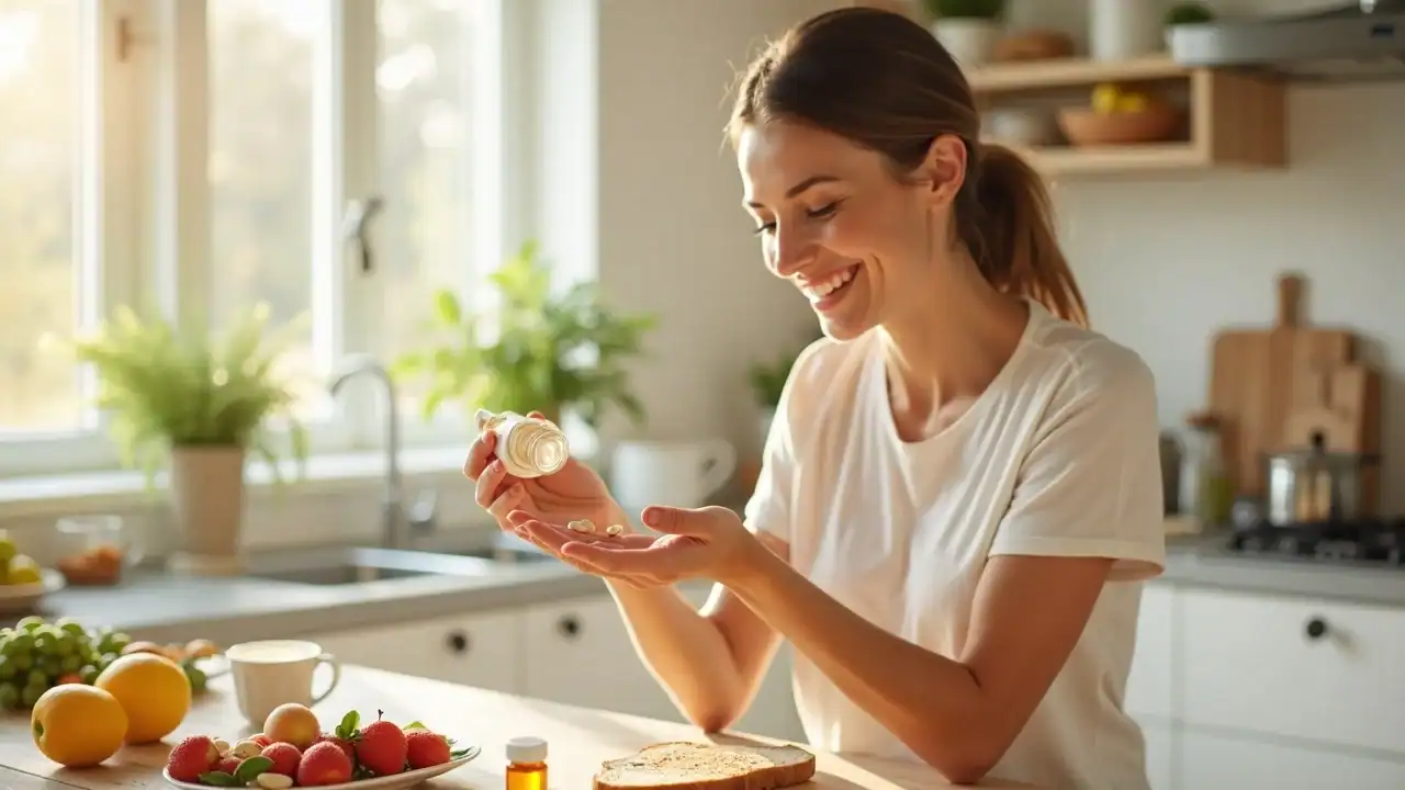 Taking vitamins in the morning, supplement routine in a bright kitchen, is it better to take supplements in the morning or at night