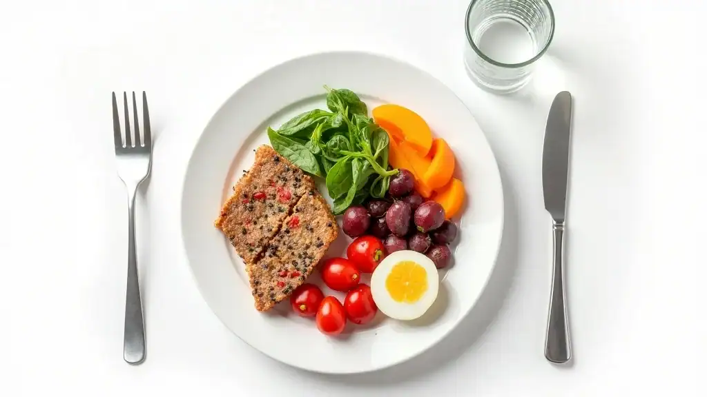 Balanced plate infographic for bariatric patients showing protein, vegetables, healthy fats, and water, arranged on a clean white background