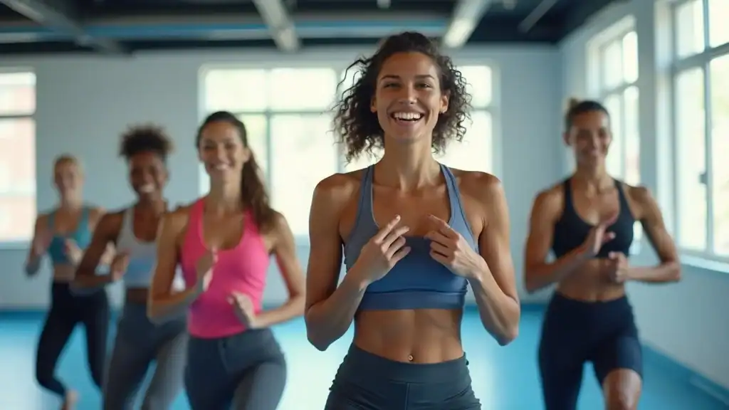 Energetic diverse fitness group performing synchronized exercises - best fat loss exercise routine gym class
