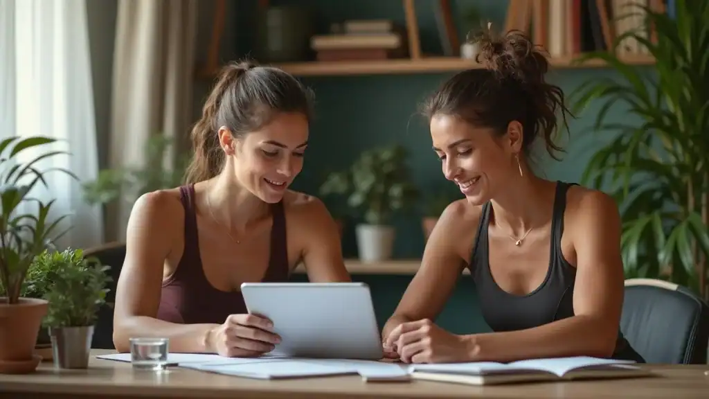 Trainer planning exercise and meal routine for fat loss with client