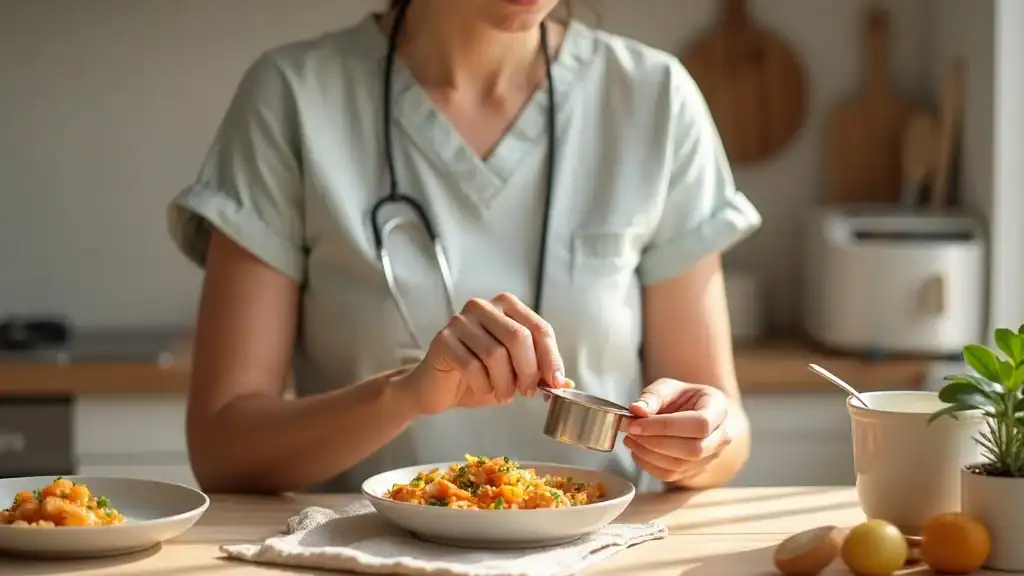 Bariatric surgery patient measuring food portions with kitchen tools including a scale and measuring cups on a cozy kitchen countertop