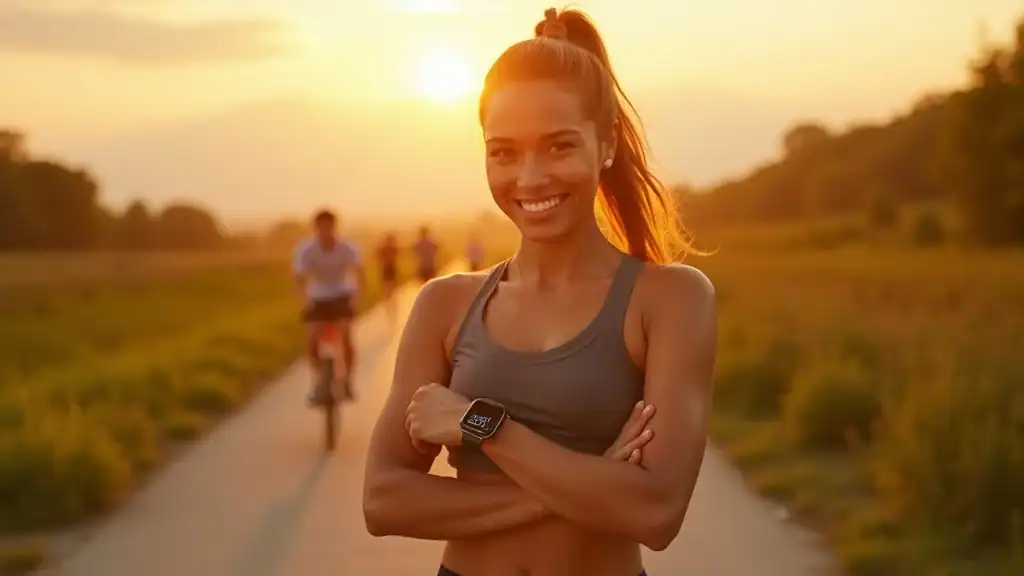 active adult checking smartwatch on sunrise trail for workout time and weight loss