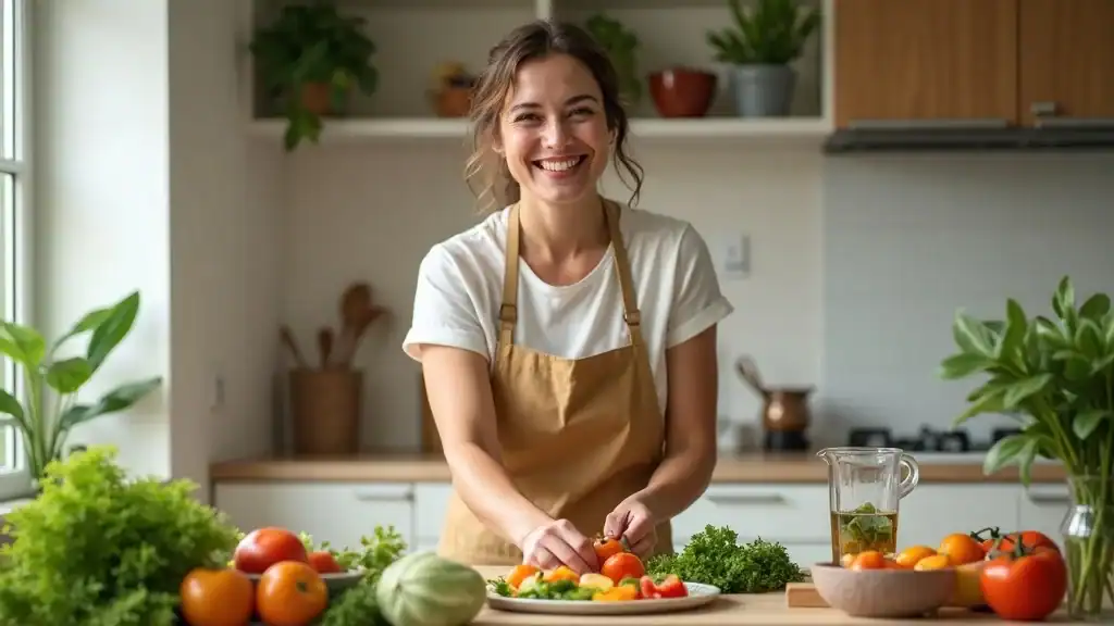 Cheerful adult preparing a fresh colorful low carb meal in a vibrant kitchen, assembling a plate of vegetables for a low carb diet sheet.