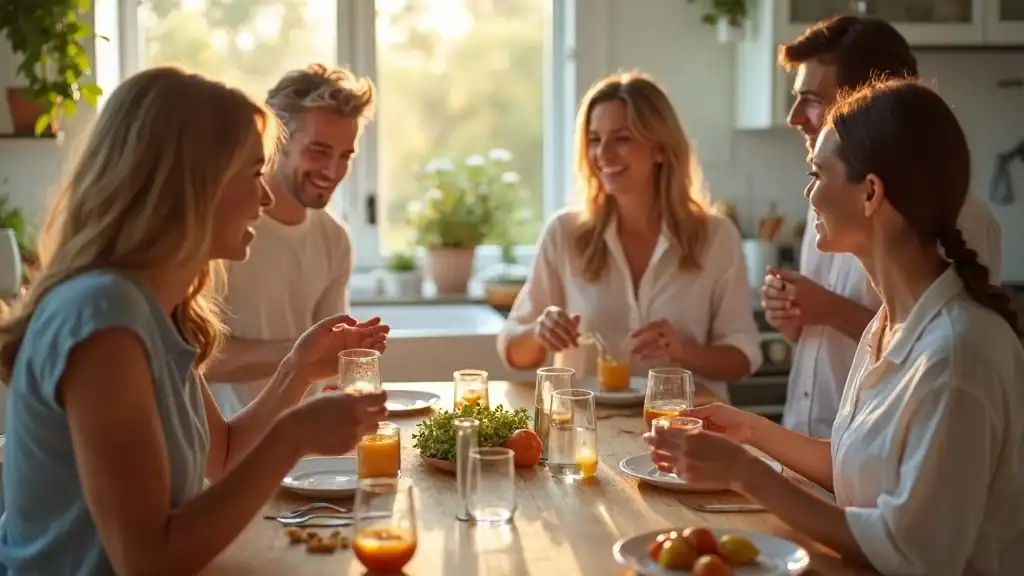 Morning vitamin routine, vitamins in the morning, group taking supplements around kitchen island