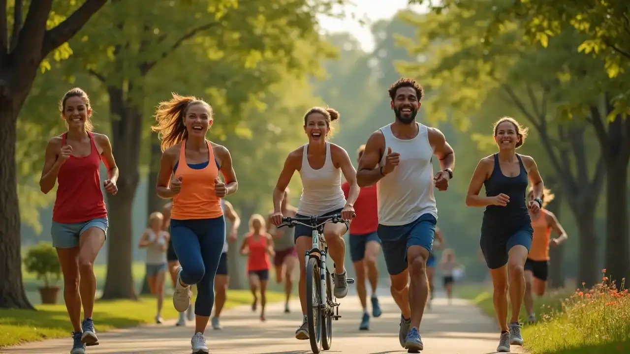 Group outdoors running, cycling, and walking for aerobic exercise - best fat loss exercise routine