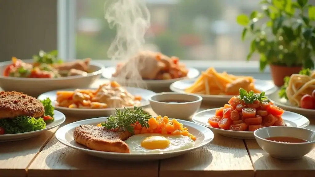 Montage of sample low carb meals for a diet sheet, breakfast, lunch, dinner, snacks in appetizing arrangements