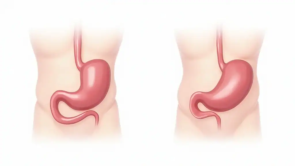 Anatomical illustration comparing stomach size after gastric sleeve and gastric bypass bariatric surgery, showing labeled features in a medical setting