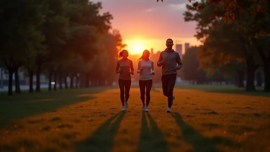 adults jogging in evening park for weight loss and stress relief
