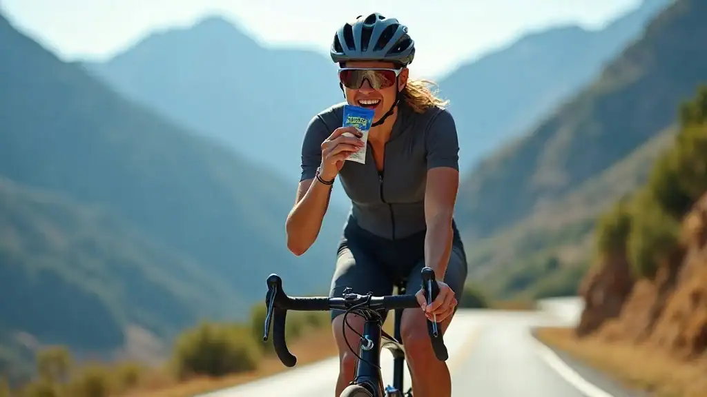 Endurance cyclist eating keto snack uphill