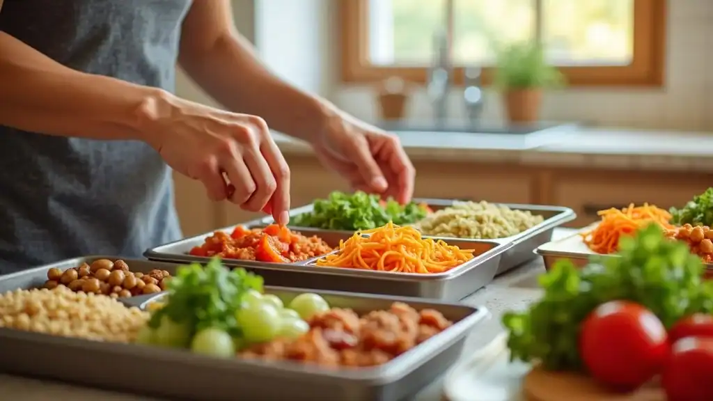Meal prepping for balanced nutrition after bariatric bypass, featuring proteins, vegetables, grains
