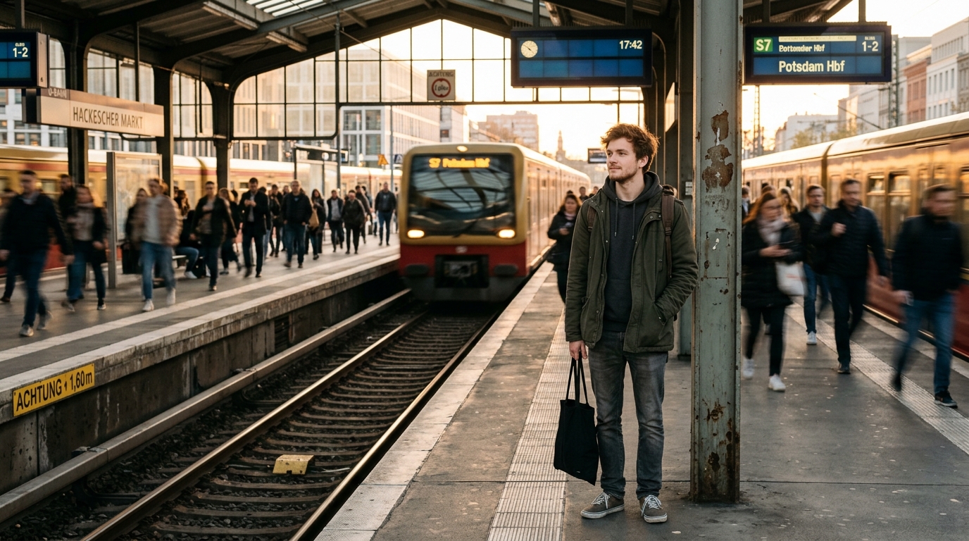 Person using the 5-4-3-2-1 grounding technique on a train platform to ease anxiety