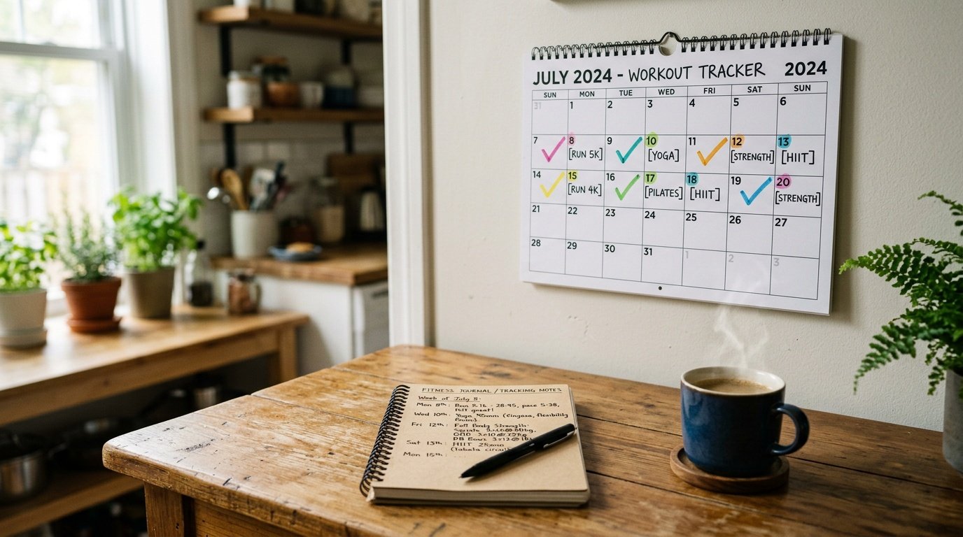 Calendar and notebook tracking a four-week at home ab workout progression