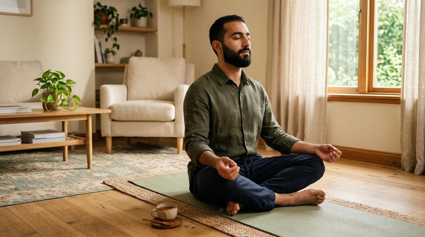 Man practicing mindful breathing on a yoga mat beside a cup of tea, a calmer approach than adaptogenic herbs for weight loss