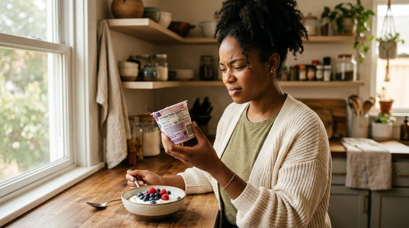 woman reading the added sugar nutrition label on a container of flavored yogurt
