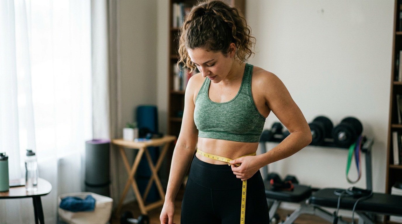 person checking their waist with a tape measure after a home cardio session