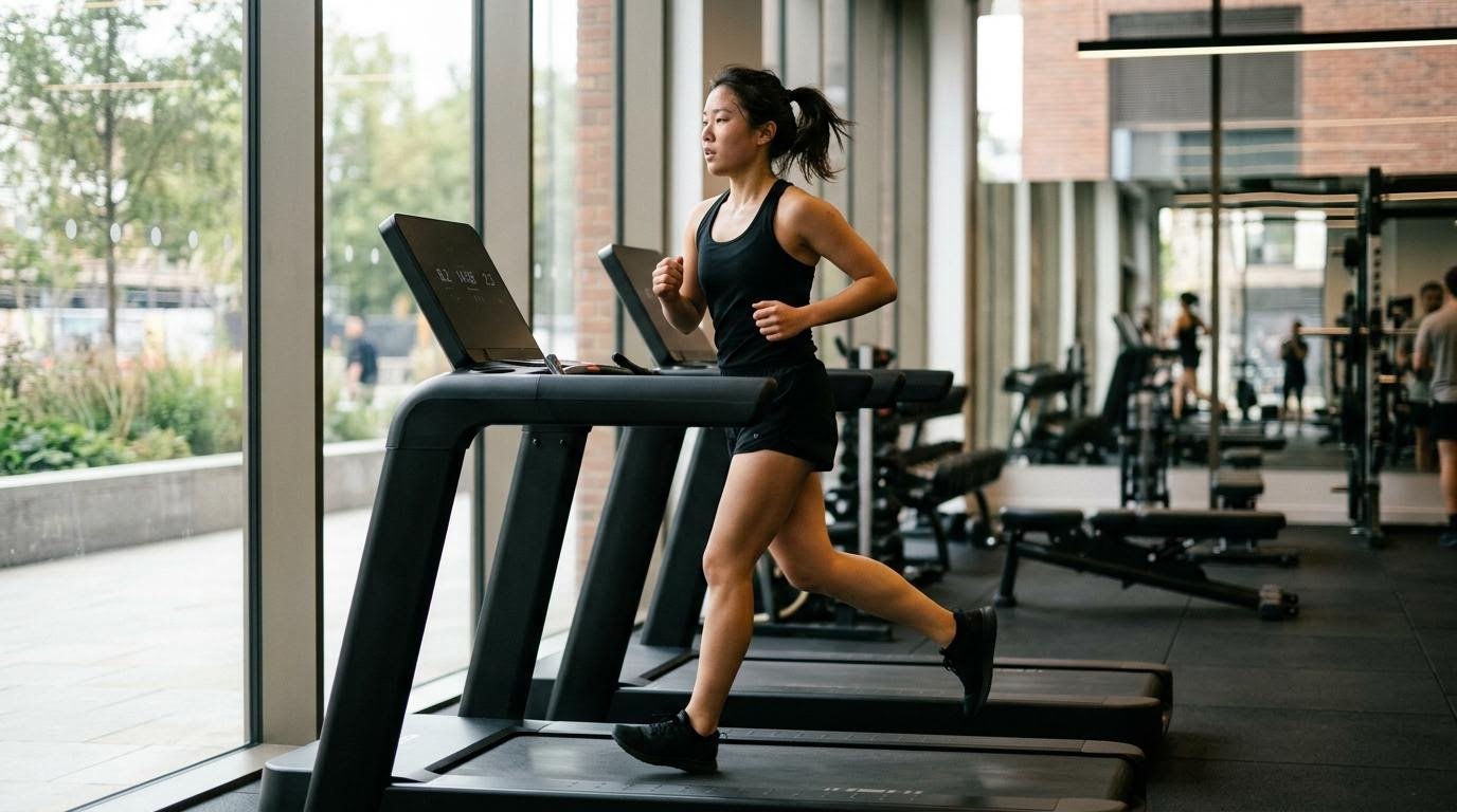 Woman jogging on a treadmill, aerobic exercise that cut fat mass in a randomized trial