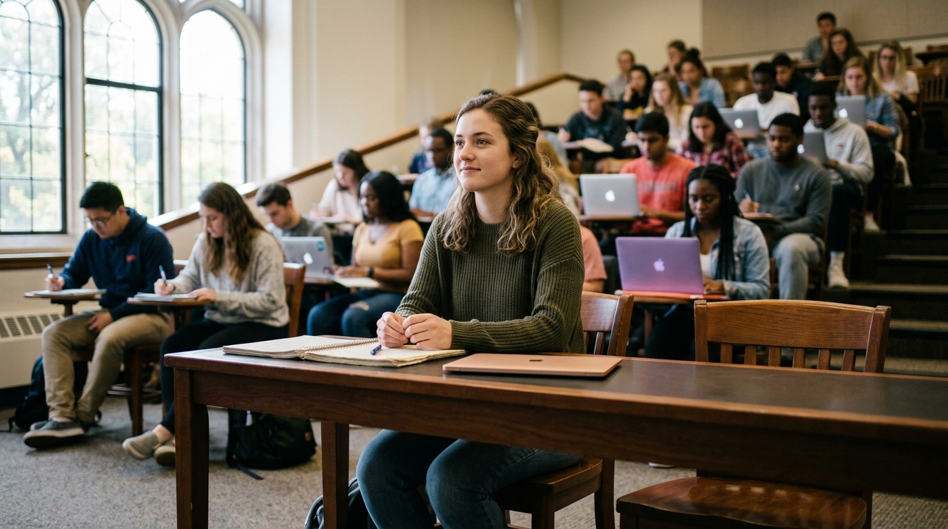 Student sitting calmly in a lecture hall using the anchor breath grounding technique