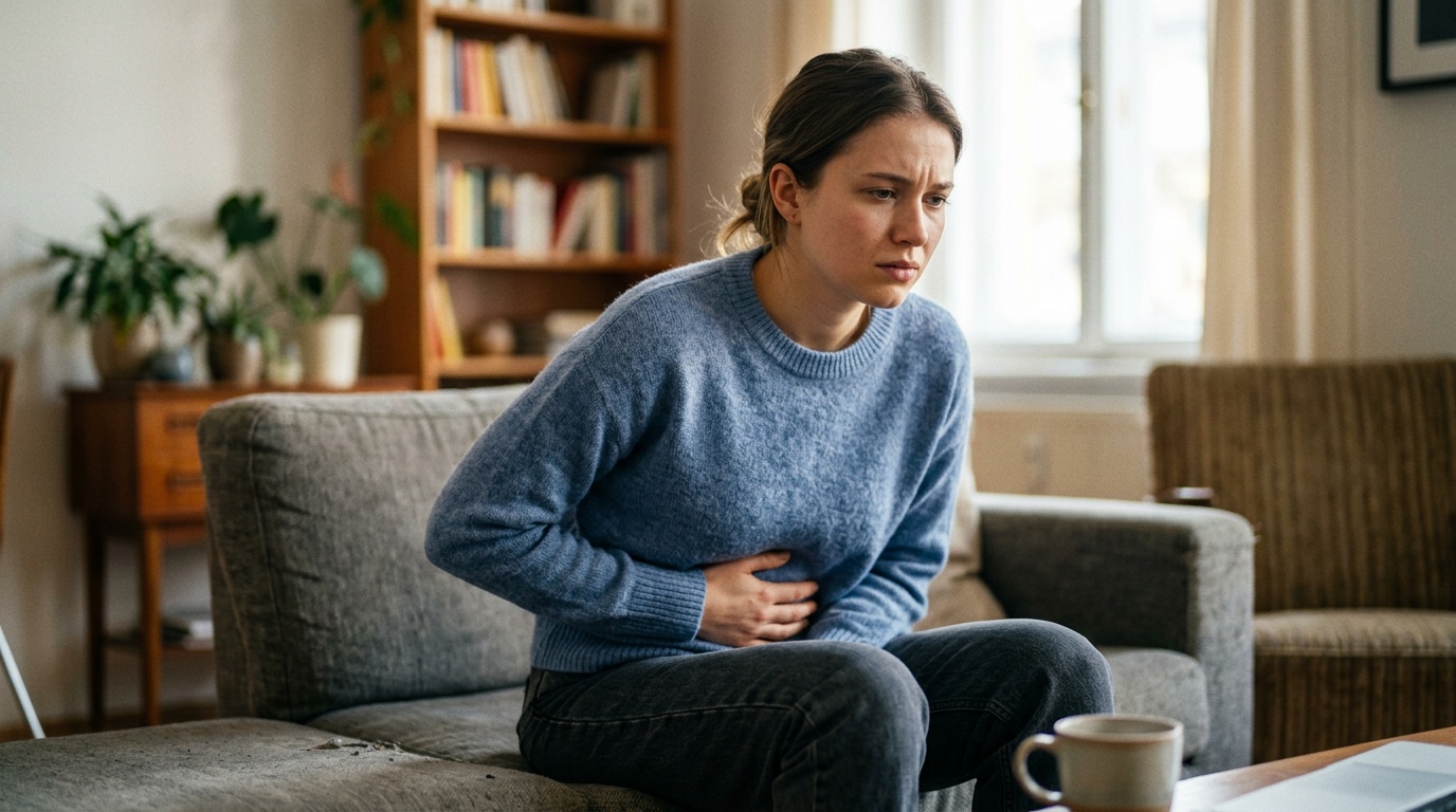 Young woman holding her stomach, showing how anxiety makes you feel sick with visible discomfort