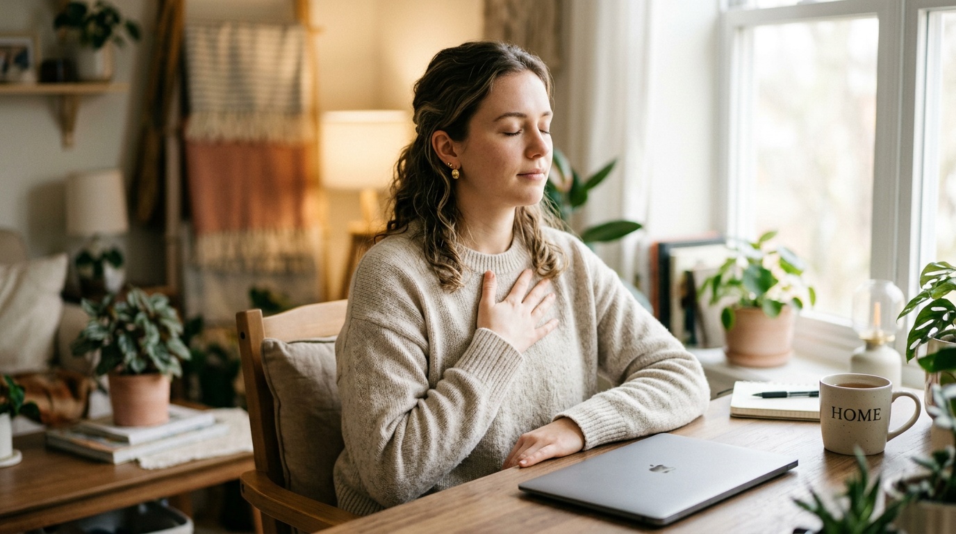 Young woman practicing anxiety mindfulness exercises while pausing calmly at her desk