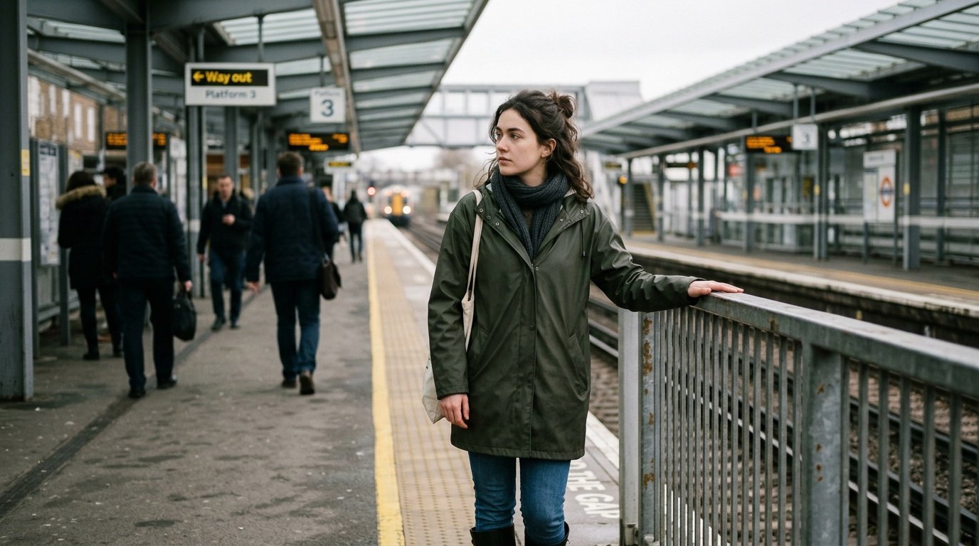 person using grounding techniques for anxiety on a train platform