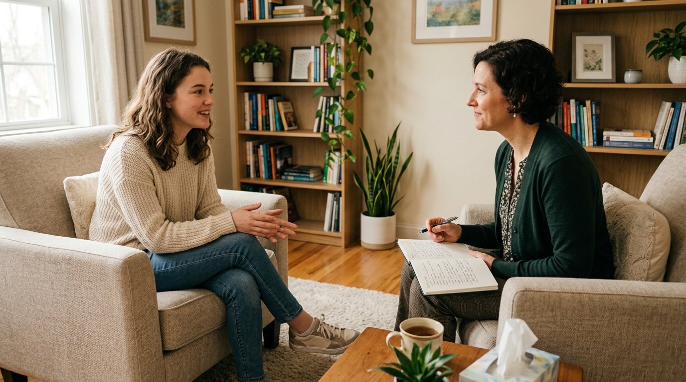 person discussing anxiety reduction techniques with a therapist