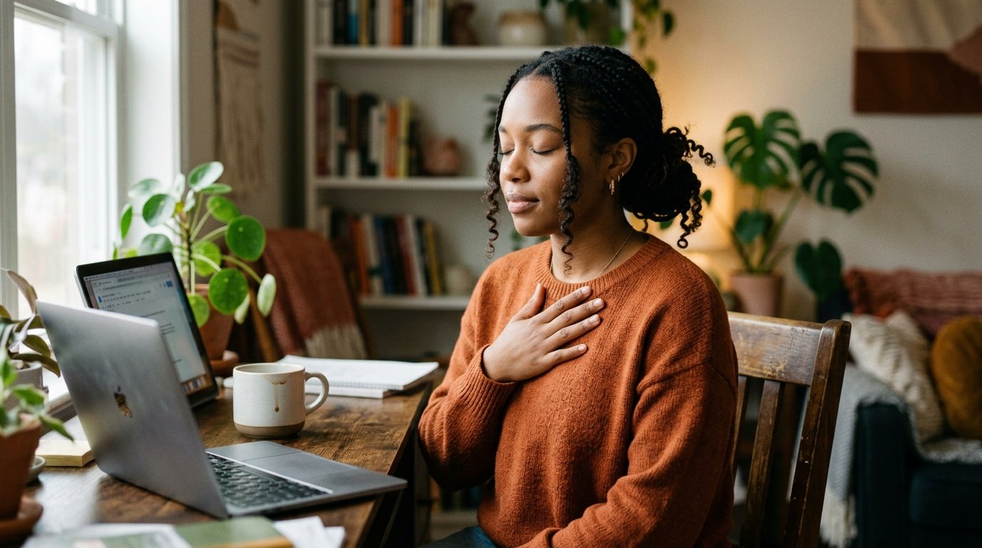 young woman practicing anxiety reduction techniques by pausing calmly at her desk