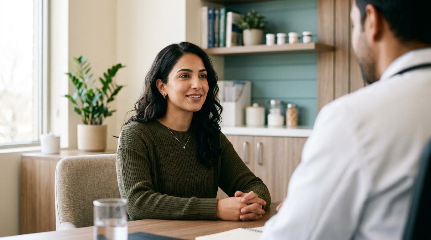 Woman listening to a doctor in a consultation room about persistent anxiety stomach symptoms