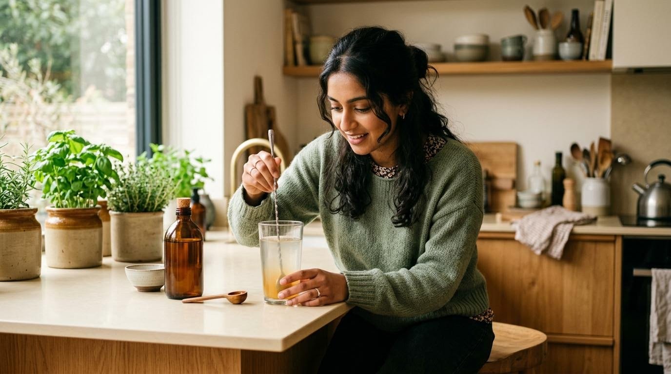 South Asian woman stirring diluted apple cider vinegar into a glass of water at a kitchen counter
