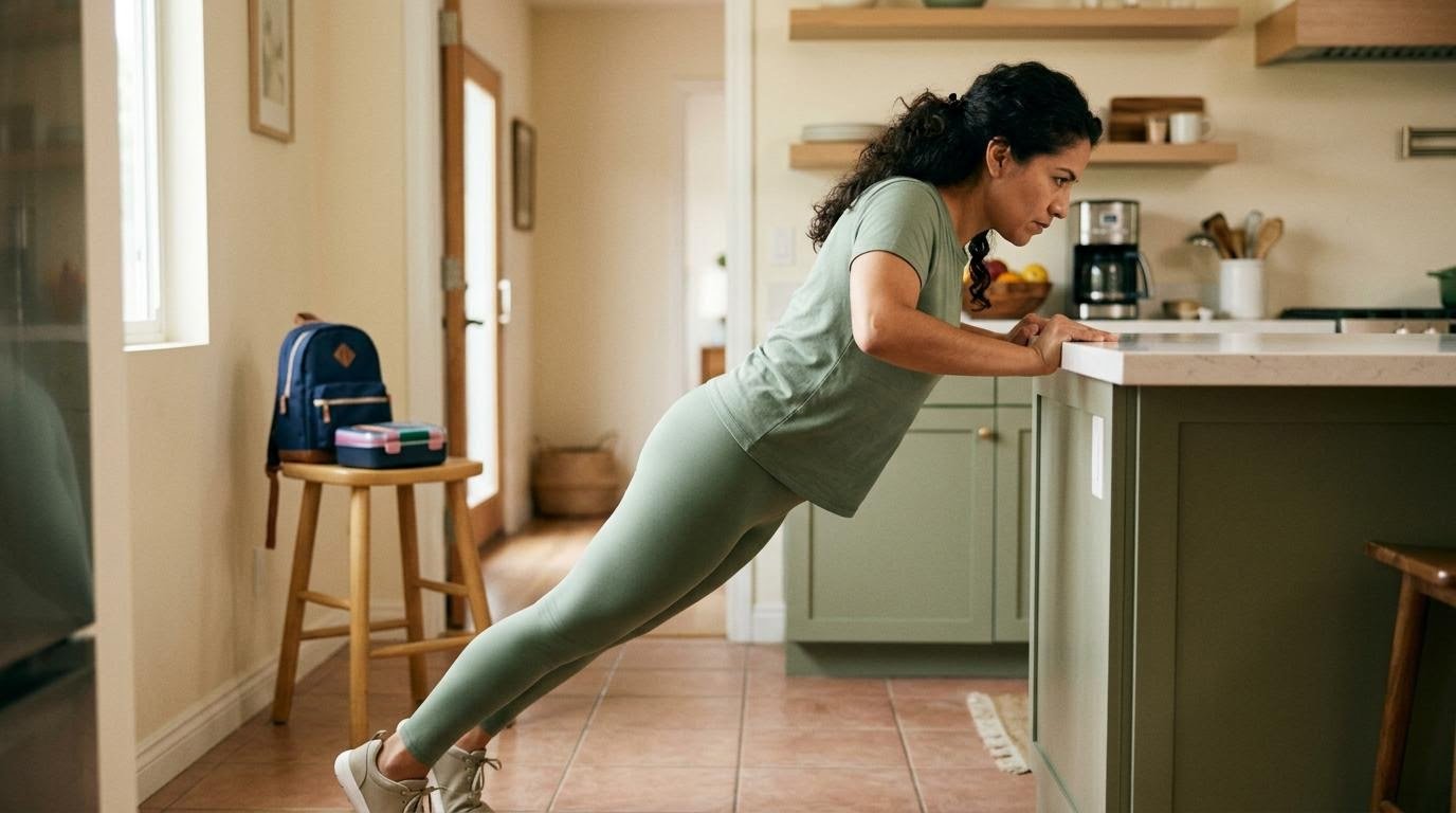 Mom doing incline push-ups at a kitchen counter, an at home workout for busy moms between school runs