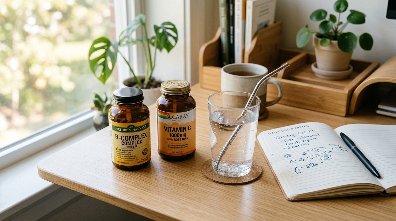 B-complex and vitamin C supplement bottles on a bright desk beside a glass of water